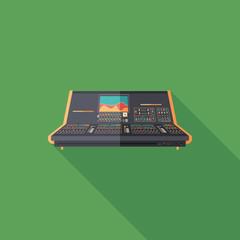 Sound mixing console flat square icon with long shadows.