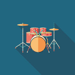 Drum set flat square icon with long shadows.