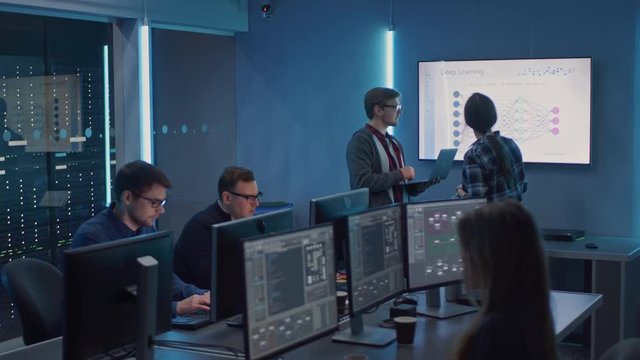 Team of Professional IT Programers Working on Desktop Computers Having Meeting in Data Center Technical Department. Concept: Software Development, Deep Learning, Artificial Intelligence, Data Mining