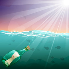 Cartoon underwater world with the letter in a bottle, fish and reefs. Bottle on the ocean bottom. Vector illustration on a pirate theme