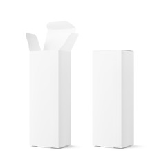 Realistic open and closed cardboard box mockup. Vector illustration isolated on white background. Taking your 2D designs into 3D. Can be use for medicine, food, cosmetic and other. EPS10.