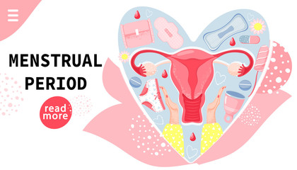 Landing page template. Menstrual period concept with uterus, menstrual cup, tampon, panty, sanitary napkin, bllod; chamomile and pills in heart shape. Vector illustration.