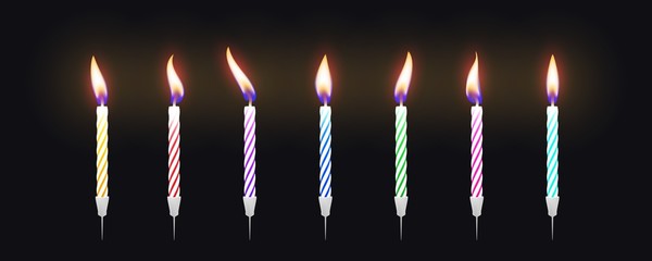 Set of colorful birthday cake candles with burning flames. Vector