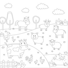 Obraz na płótnie Canvas Cartoon vector illustration of farm animals group for coloring book.