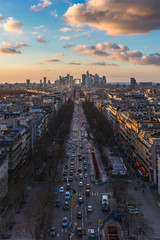 Magnificent look from Arc de Triomphe (Triumphal Arc) towards the La défense before sunset - the parisien trade quarter