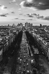 Magnificent look from Arc de Triomphe (Triumphal Arc) towards the La défense before sunset - the parisien trade quarter, in black and white