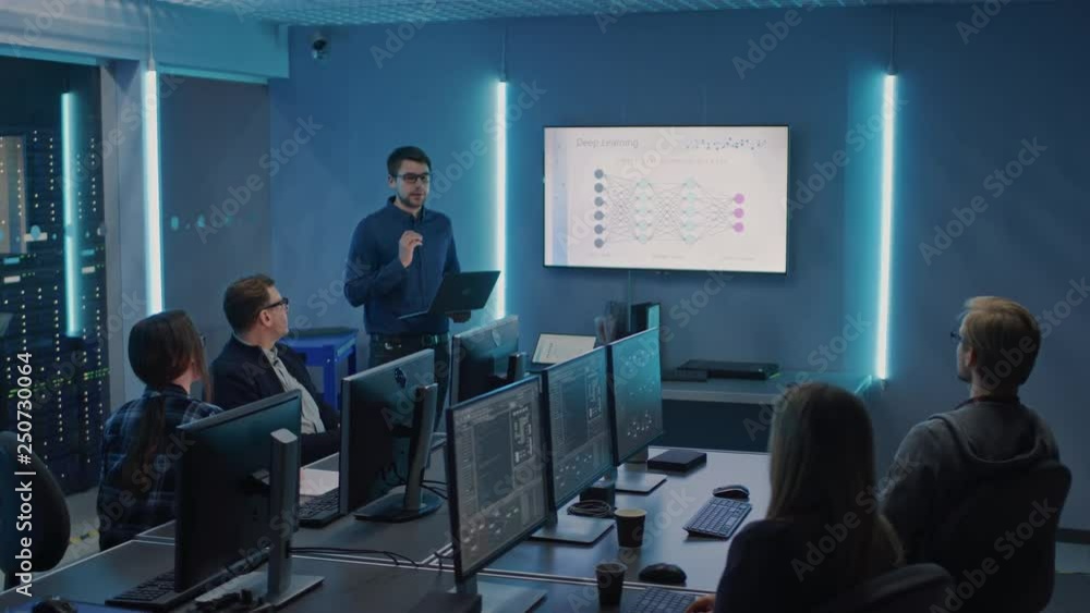 Poster Team of Professional IT Developers Have Meeting, Speaker Talks about New Blockchain Based Software Development Shown on TV. Concept: Deep Learning, Artificial Intelligence, Data Mining, Neural Network