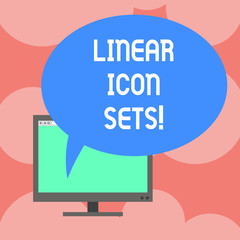 Writing note showing Linear Icon Sets. Business photo showcasing figures help us to go faster in way or open phone app Mounted Computer Monitor Blank Screen with Oval Color Speech Bubble