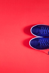 Blue sneakers on coral background. Trend colour of the year 2019. 