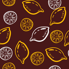 Hand drawn colorful seamless pattern of hand drawn lemons on red background. doodle style. Perfect for textile manufacturing wallpaper posters. Vector illustration. sketch outline