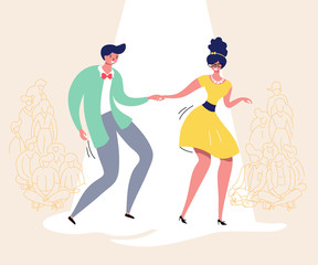 Dancing couple with audience. Rockabilly dance party. Happy swing dancers with viewers vector illustration isolated