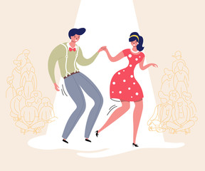 Dancing couple with audience. Rockabilly dance party. Happy swing dancers with viewers vector illustration isolated