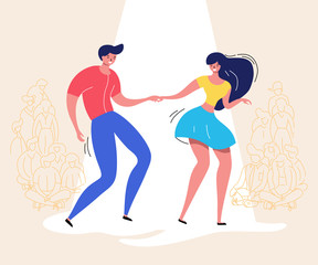 Fototapeta na wymiar Dancing couple with audience. Rockabilly dance party. Happy swing dancers with viewers vector illustration isolated