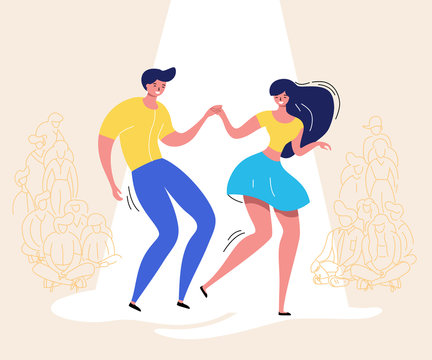 Dancing couple with audience. Rockabilly dance party. Happy swing dancers with viewers vector illustration isolated