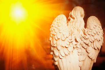 Rear view of angel with wings in the sunlight. Antique statue.