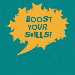 Conceptual hand writing showing Boost Your Skills. Business photo showcasing Improve ability to do something well and train hard Oval Color Speech Bubble with Stars as Outline Text Space