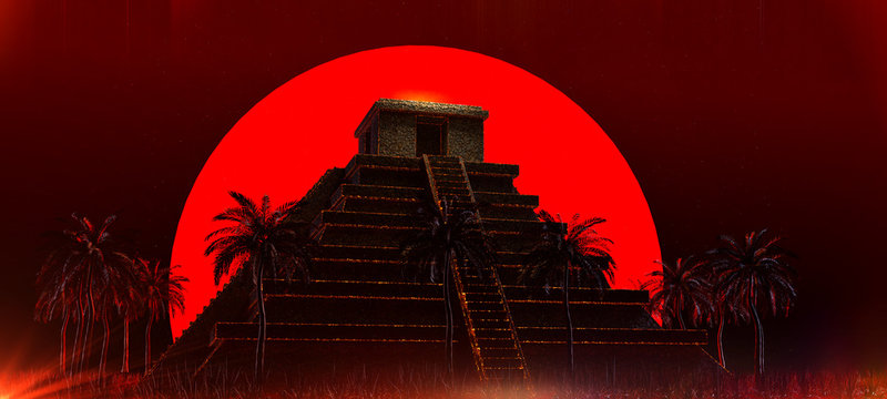 Mexican Mayan Aztec Pyramid in front of big red blood super moon. halloween vampire magic ethnic party background 3d rendered illustration