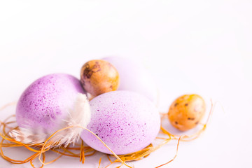 Pink Easter eggs on light background, soft focus	