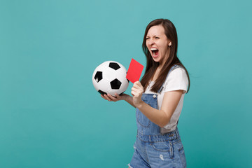 Screaming crazy young woman football fan support team with soccer ball, red card, propose player...
