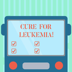 Word writing text Cure For Leukemia. Business concept for transplantation high doses of chemotherapy or radiation Drawn Flat Front View of Bus with Blank Color Window Shield Reflecting