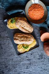 Red lentil and sweet potato spread, sprinkled with chia seeds