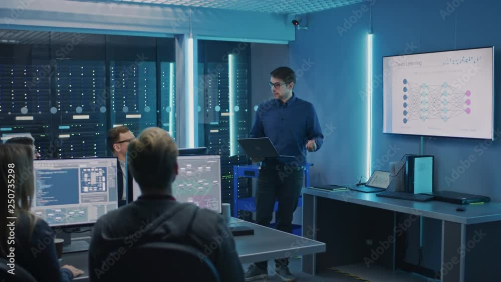 Aufkleber Team of Professional IT Developers Have Meeting, Speaker Talks about New Blockchain Based Software Development Shown on TV. Concept: Deep Learning, Artificial Intelligence, Data Mining, Neural Network
