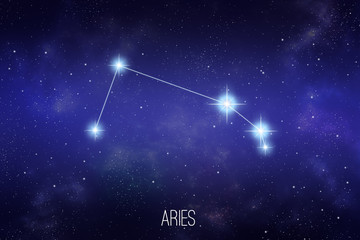 Aries zodiac constellation on a starry space background with lettering © Matthieu