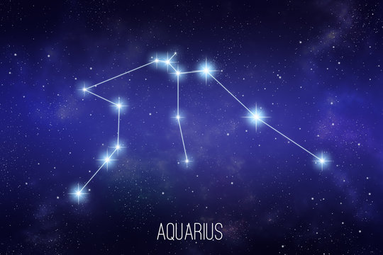 Aquarius zodiac constellation on a starry space background with lettering