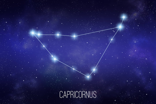 Capricornus zodiac constellation on a starry space background with lettering