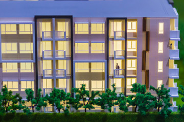 Abstract condominium architectural model of a modern building. Model condominium or hotel, outside view, close up