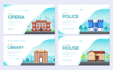 Building city brochure card set. Architecture template of flyear, web banner, ui header, enter site. Layout invintation modern slider