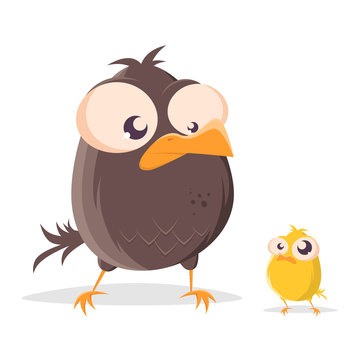 funny cartoon bird and little baby bird