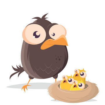 funny cartoon bird with hungry babys in a nest