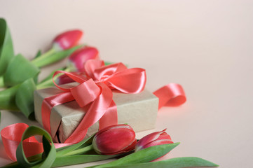 Tulips on a pink background. Next to the tulips gift with a ribbon of coral color. Concept of congratulations on the spring holidays. Free space under the text. Close-up.
