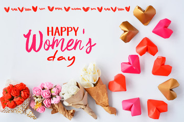 Happy International Women’s Day celebrate on March 8, congratulatory CARD. rose-color paper hearts shape figure eight 8