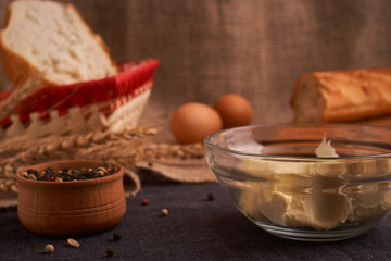 breads and butter concept of teasty home food close up on table