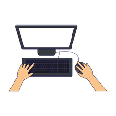 hands using computer technology blue lines