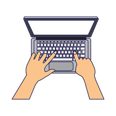 hands using laptop computer blue lines