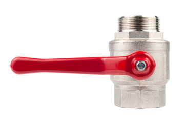 Ball water valve for plumbing with red handle, isolated on white background
