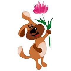 The dog holds a flower in his paw