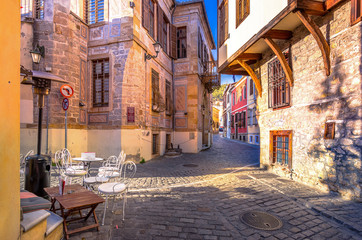 Fototapeta na wymiar Picturesque narrow street and buildings in the old town of Xanthi, Greece.