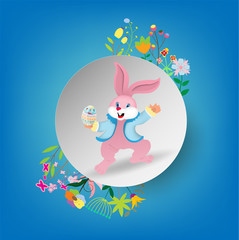 Happy Easter Greeting card, banner, poster,  brochure, with colorful bunny rabbit and spring flowers. Vector illustration.