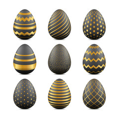 Easter 3d realistic eggs with geometric texture. Vector holiday design elements. Black and gold color pattern