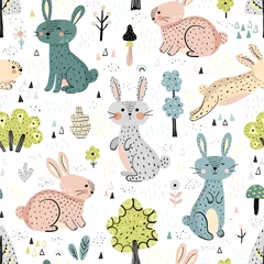Wall murals Scandinavian style Rabbits in the woods cute seamless pattern in Scandinavian style. Great for kids apparel, textile, fabric, wrapping paper, nursery decoration. Vector illustration