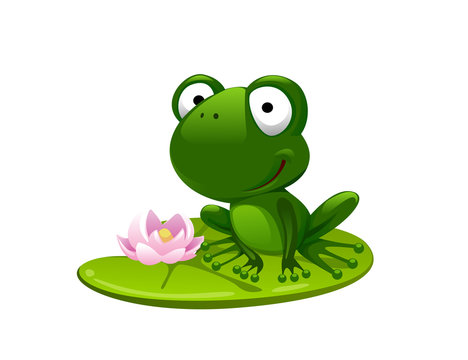 green cartoon frog sitting on a sheet of water Lily