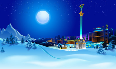 vector illustration of night snowy landscape of Kyiv