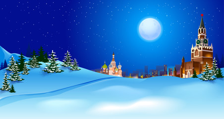 Fototapeta na wymiar Vector realistic Kremlin in Moscow, night snowy landscape, panorama. Full moon with stars in Moscow