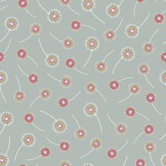 Colorful decorative seamless vector pattern with abstract dandelions on green background. Surface pattern design.