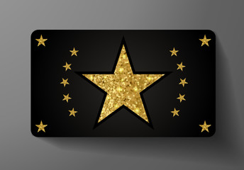 Gift card (VIP). Holiday award with big golden star shape and gold glitter pattern. Black starry background useful for Gift coupon design, voucher template design, invitation, ticket. Vector