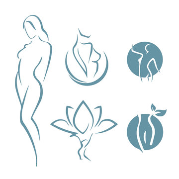 Women Fitness Logo Icon. Sports, Health, Spa, Yoga, Beauty Vector Logo. Woman Silhouette Logo. Diet Logo. Spa Salon Logo